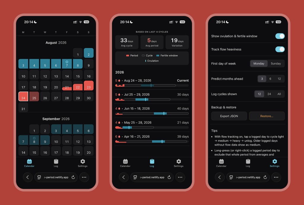 Hema period tracking app screens
